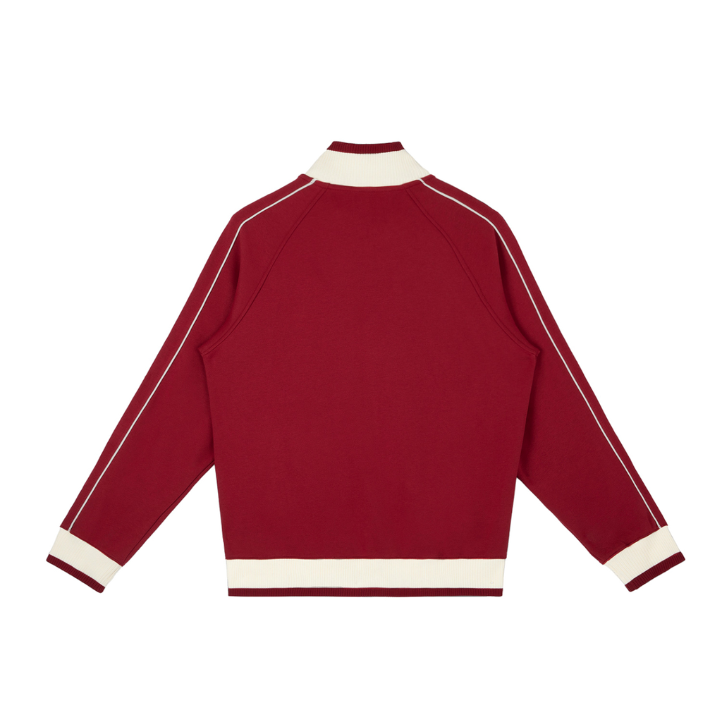 MIROLYUB Switchback raglan track jacket in Red, back view.