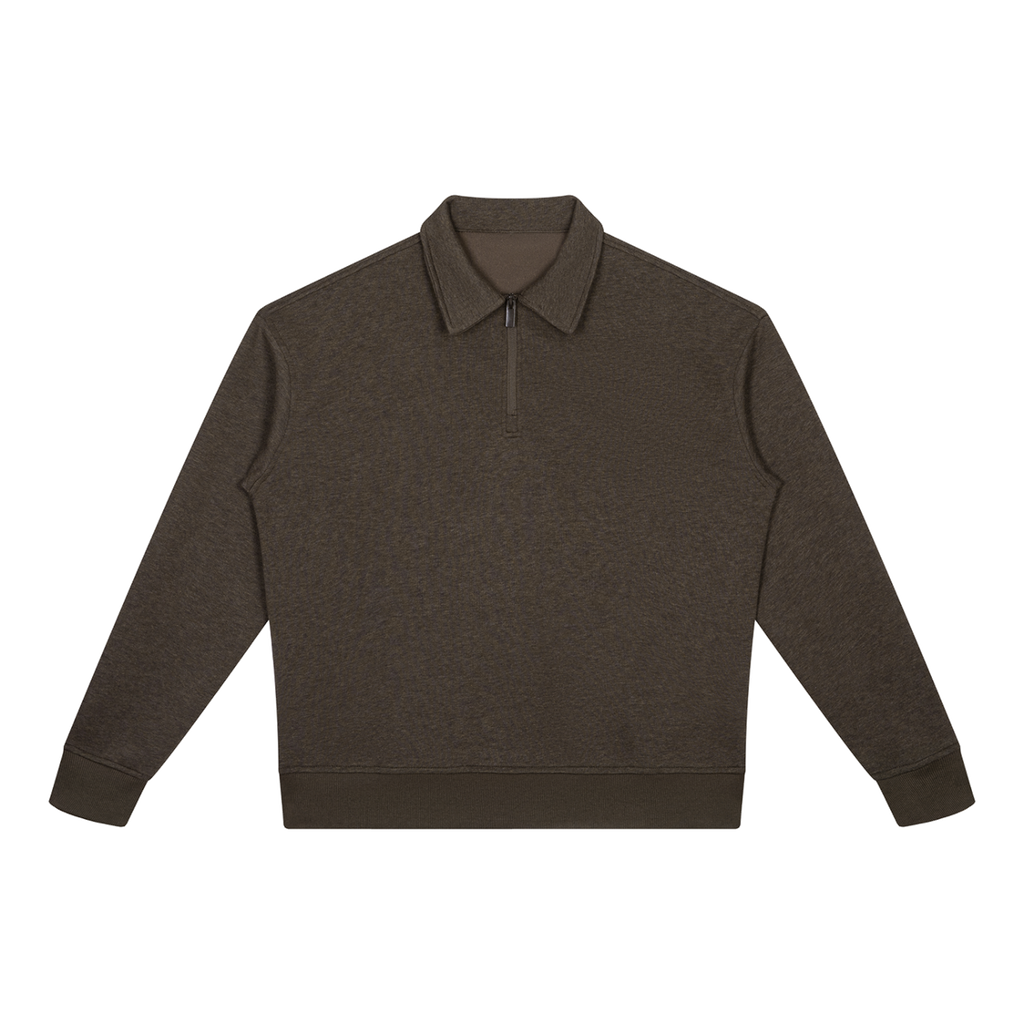 MIROLYUB Aperture boxy quarter-zip sweatshirt in Coffee, front view.