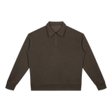 MIROLYUB Aperture boxy quarter-zip sweatshirt in Coffee, front view.