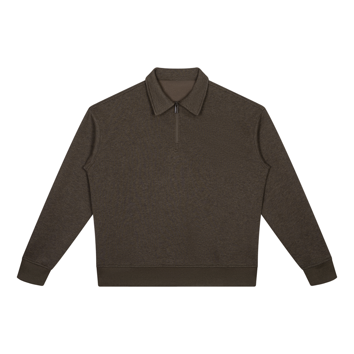 MIROLYUB Aperture boxy quarter-zip sweatshirt in Coffee, front view.