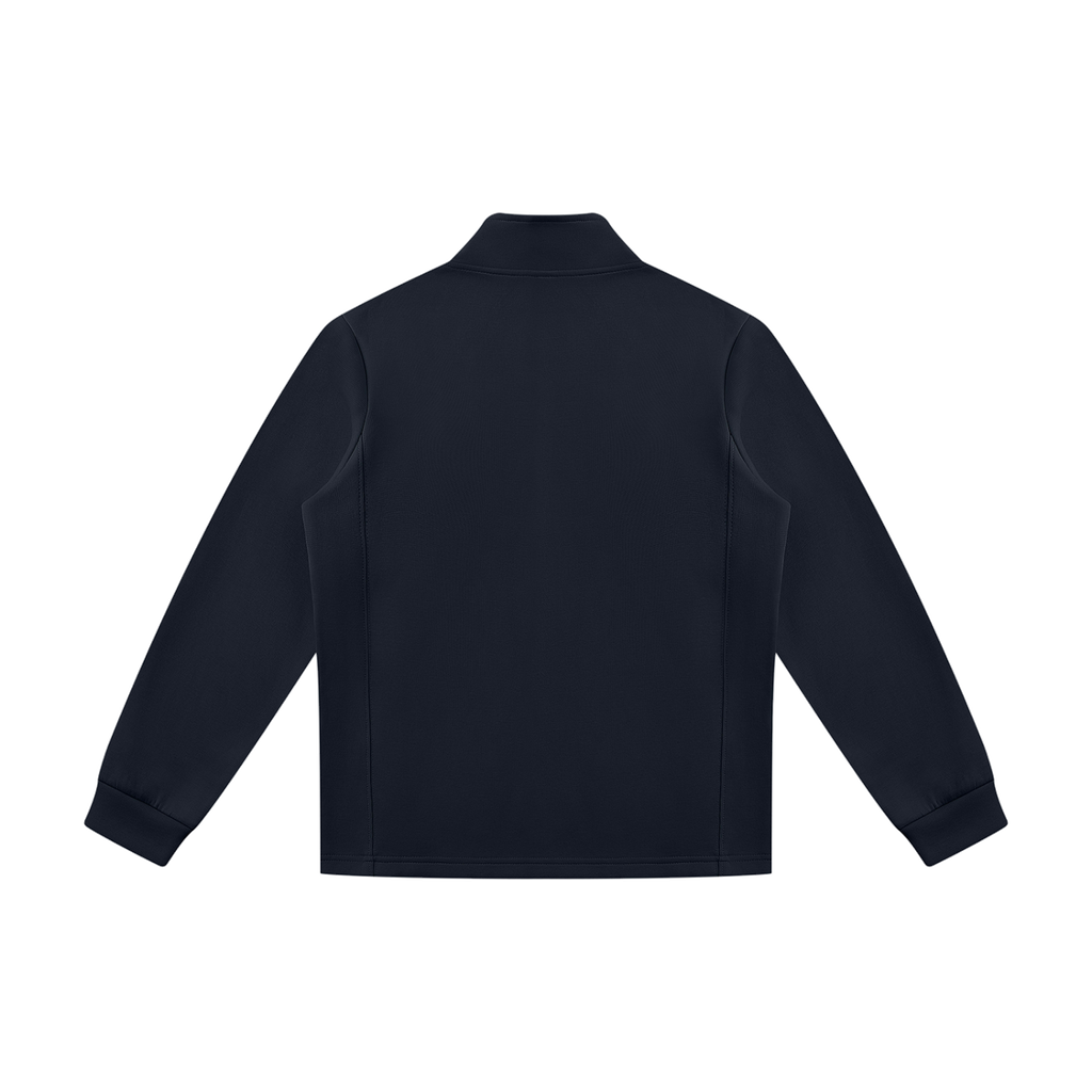 MIROLYUB Tangent stand-collar track jacket in Navy Blue, back view.