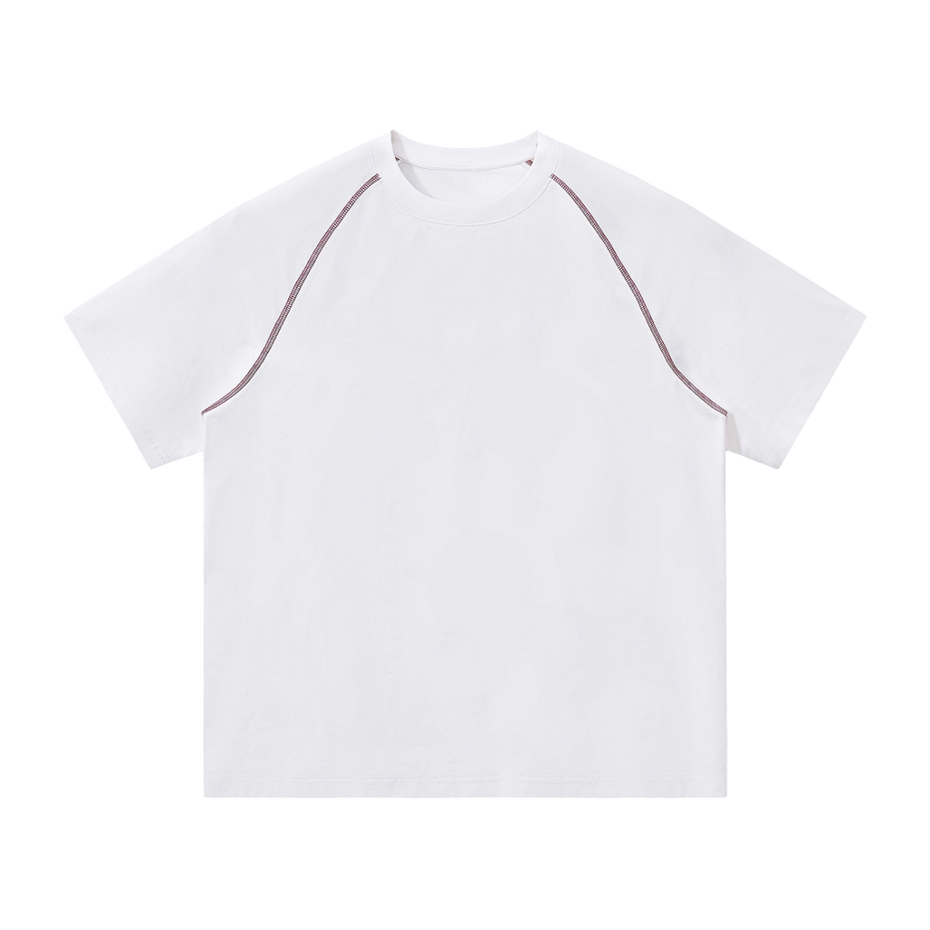 MIROLYUB Offbeat Contrast-Stitch Raglan Tee in White, front view.