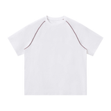 MIROLYUB Offbeat Contrast-Stitch Raglan Tee in White, front view.