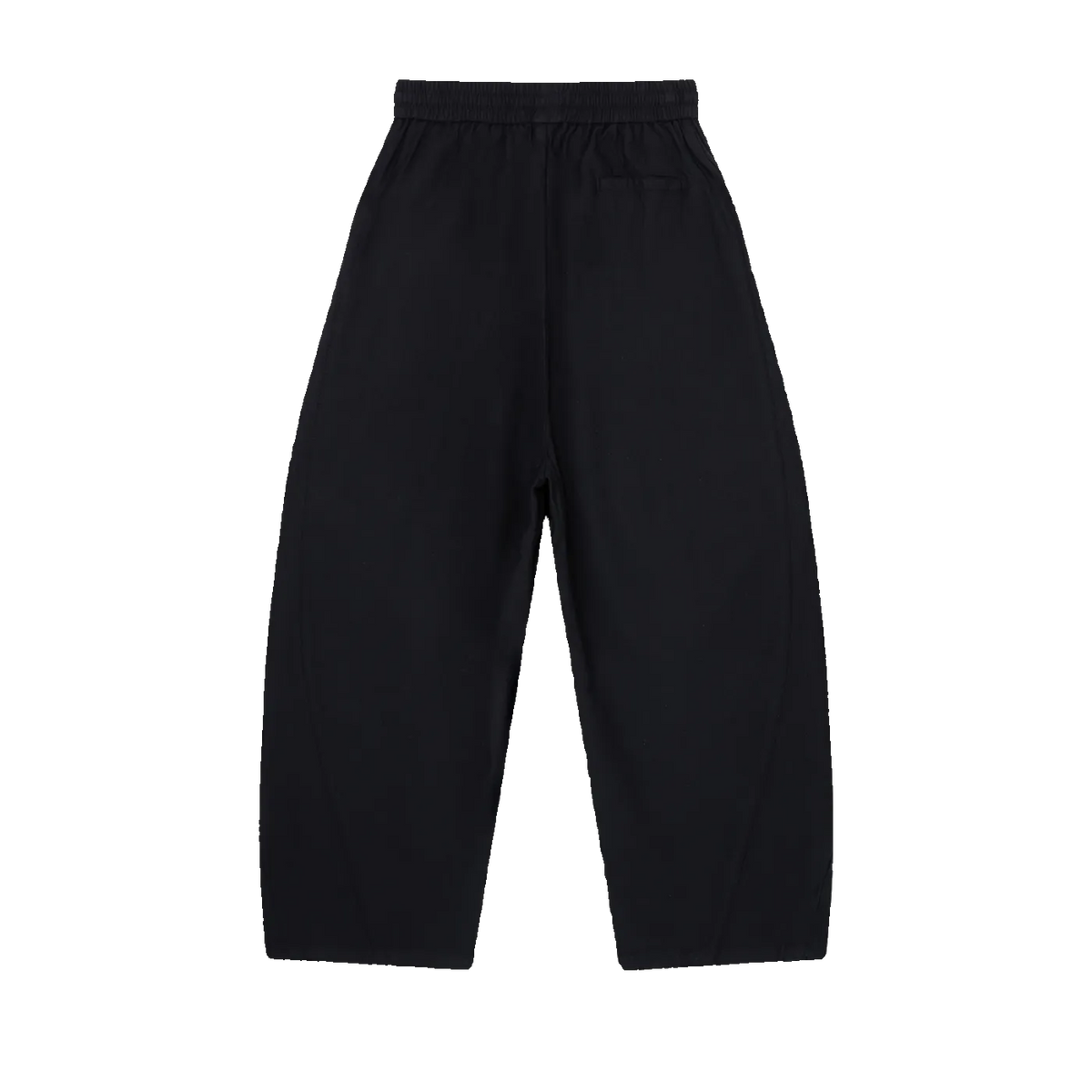 MIROLYUB Drift pants in Black, back view with wide legs and an elasticated waist
