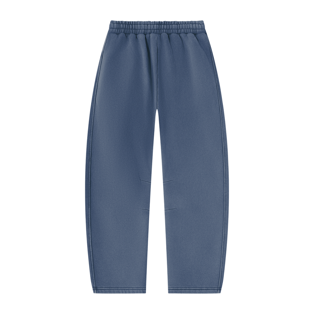 MIROLYUB arc vintage-wash barrel fleece pants in Washed Blue, back view