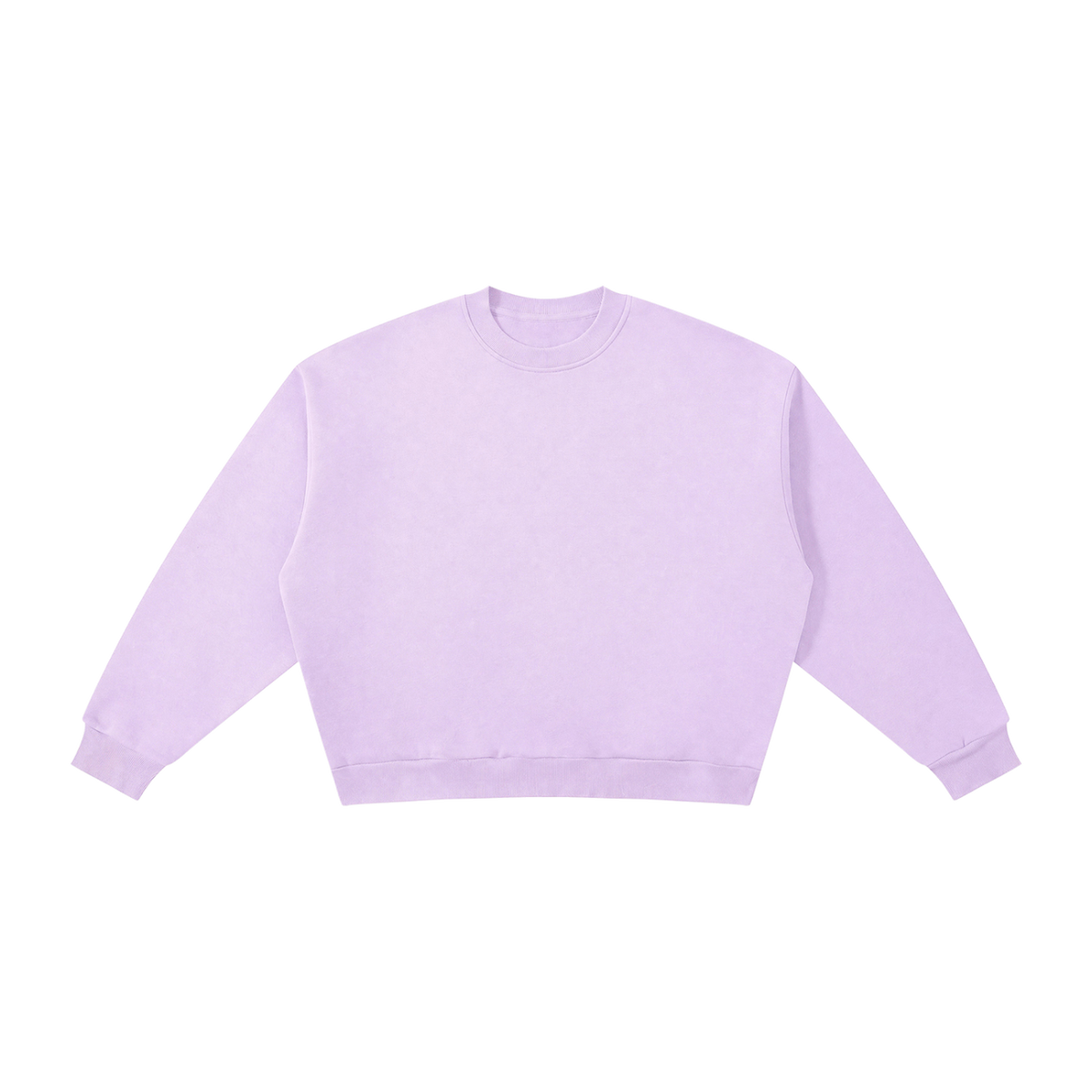 MIROLYUB Meridian boxy fleece crewneck in Light Purple, front view.