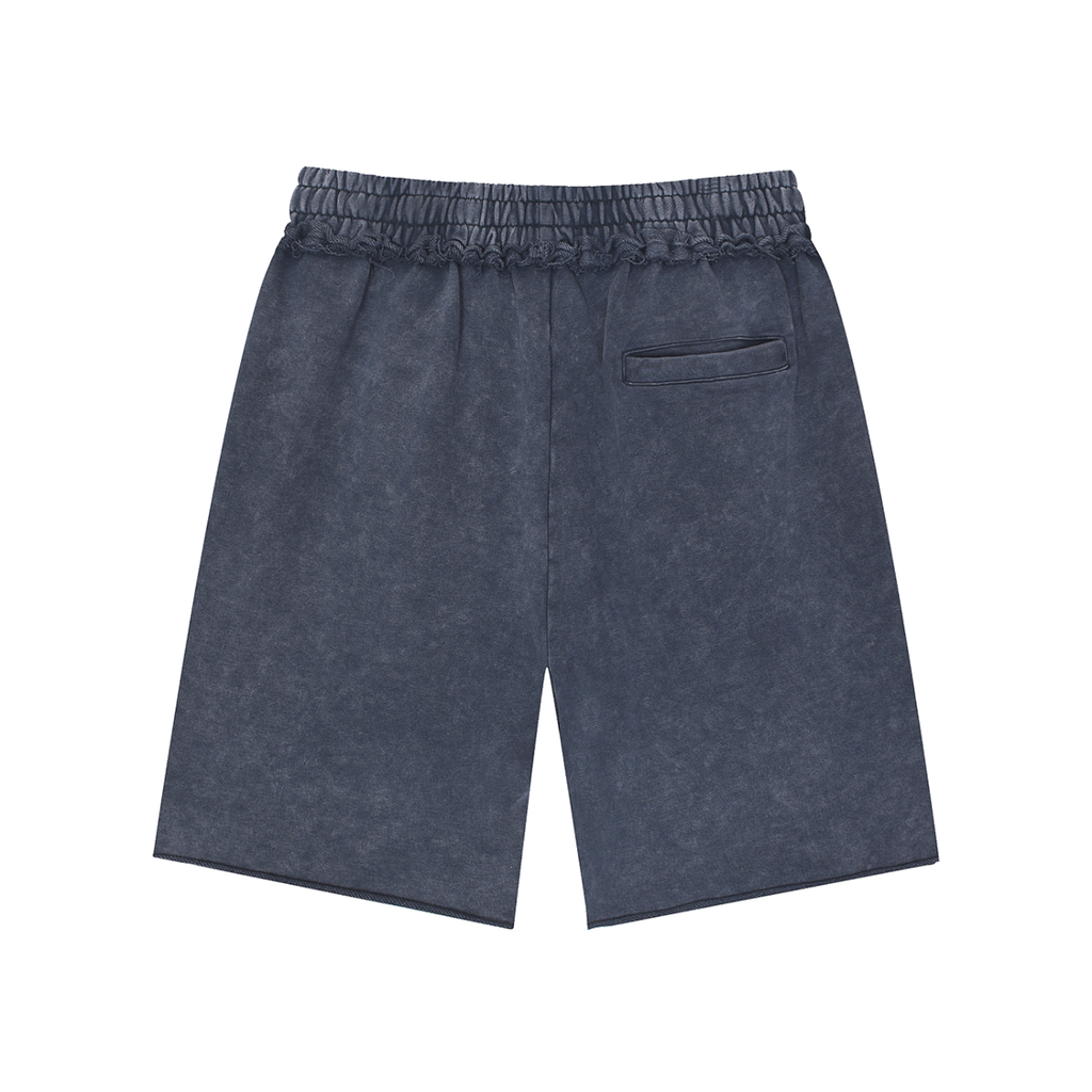 MIROLYUB Unisex Mineral Wash Raw Edge Shorts — Navy Blue, back view