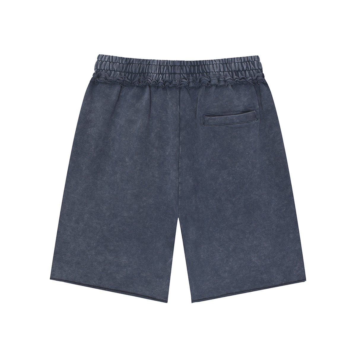 MIROLYUB Unisex Mineral Wash Raw Edge Shorts — Navy Blue, back view