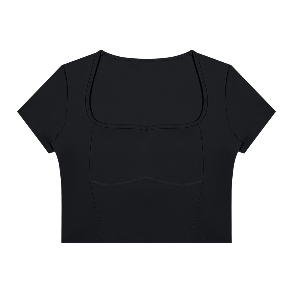 MIROLYUB Seamline topstitch cropped tee in Black, front view.