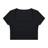 MIROLYUB Seamline topstitch cropped tee in Black, front view.