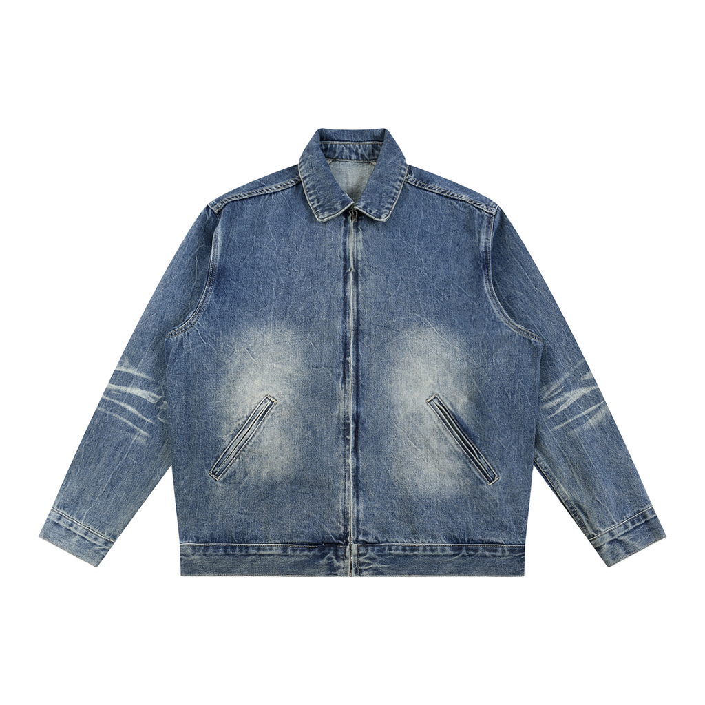 MIROLYUB Patina Zip Denim Jacket in Blue, front view.