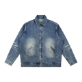 MIROLYUB Patina Zip Denim Jacket in Blue, front view.