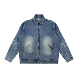 MIROLYUB Patina Zip Denim Jacket in Blue, front view.