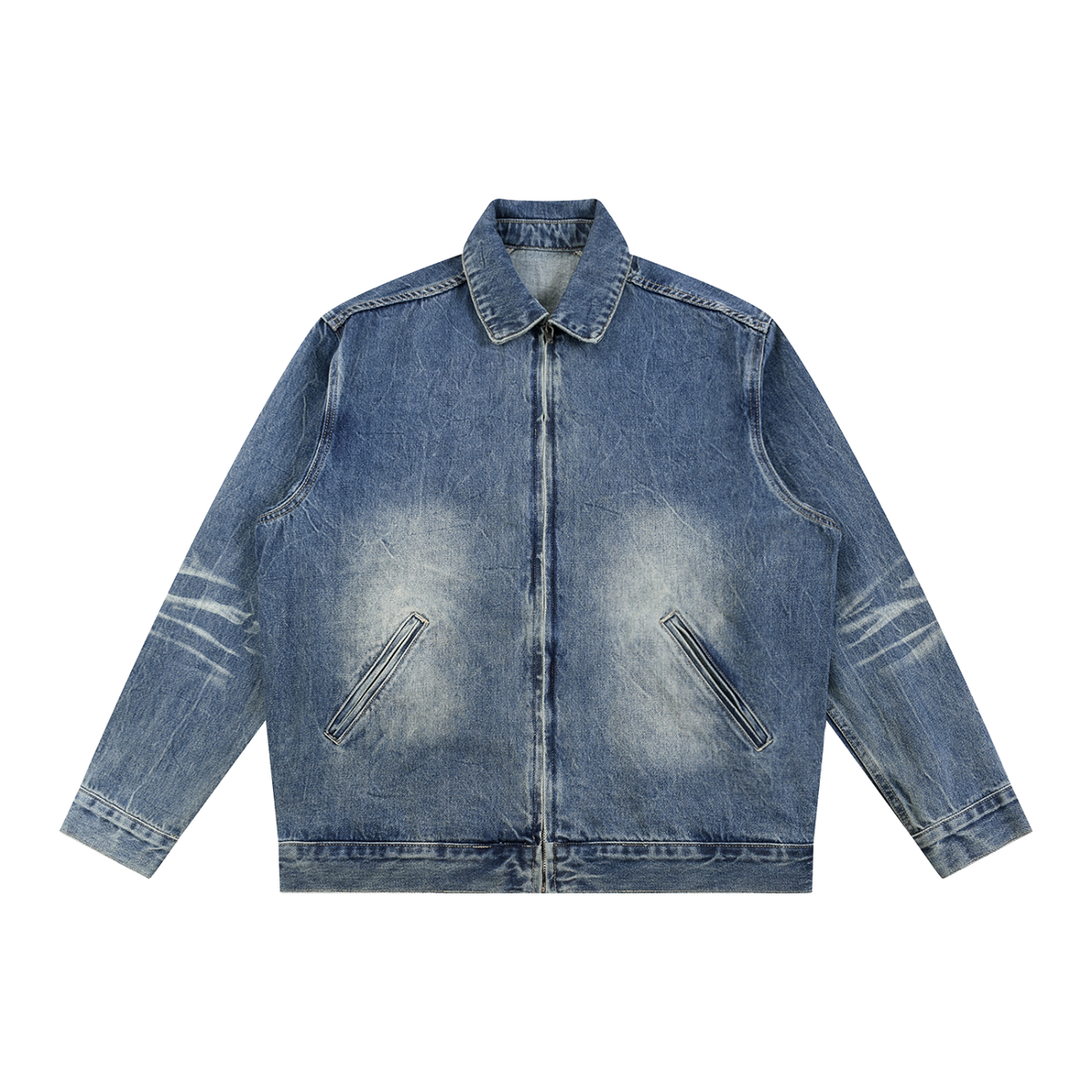 MIROLYUB Patina Zip Denim Jacket in Blue, front view.