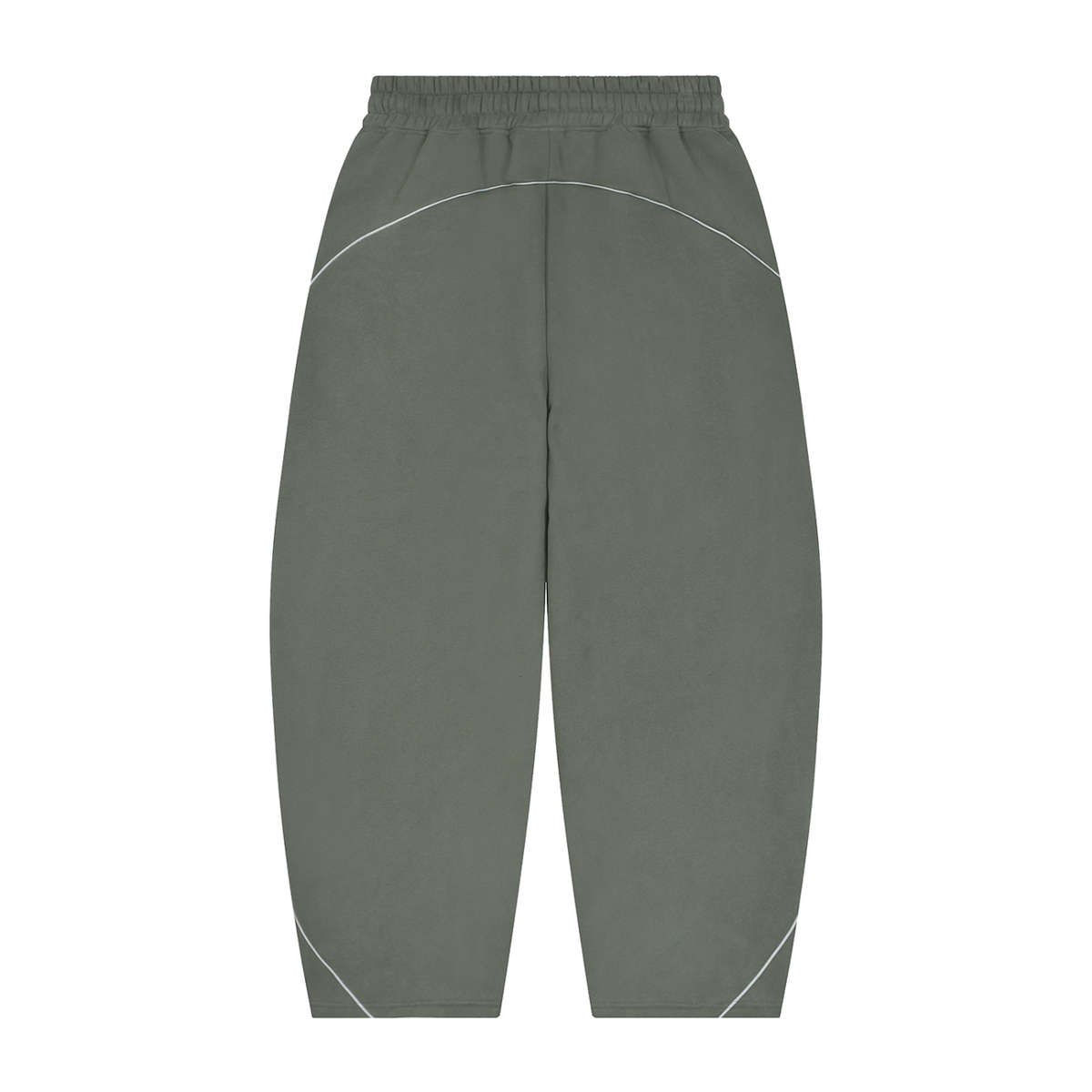 MIROLYUB Trace Piping Barrel Fleece Pants in Medium Gray, back view.
