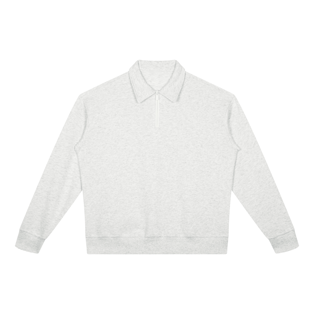 MIROLYUB Aperture boxy quarter-zip sweatshirt in White Gray, front view.