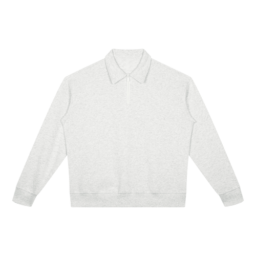 MIROLYUB Aperture boxy quarter-zip sweatshirt in White Gray, front view.