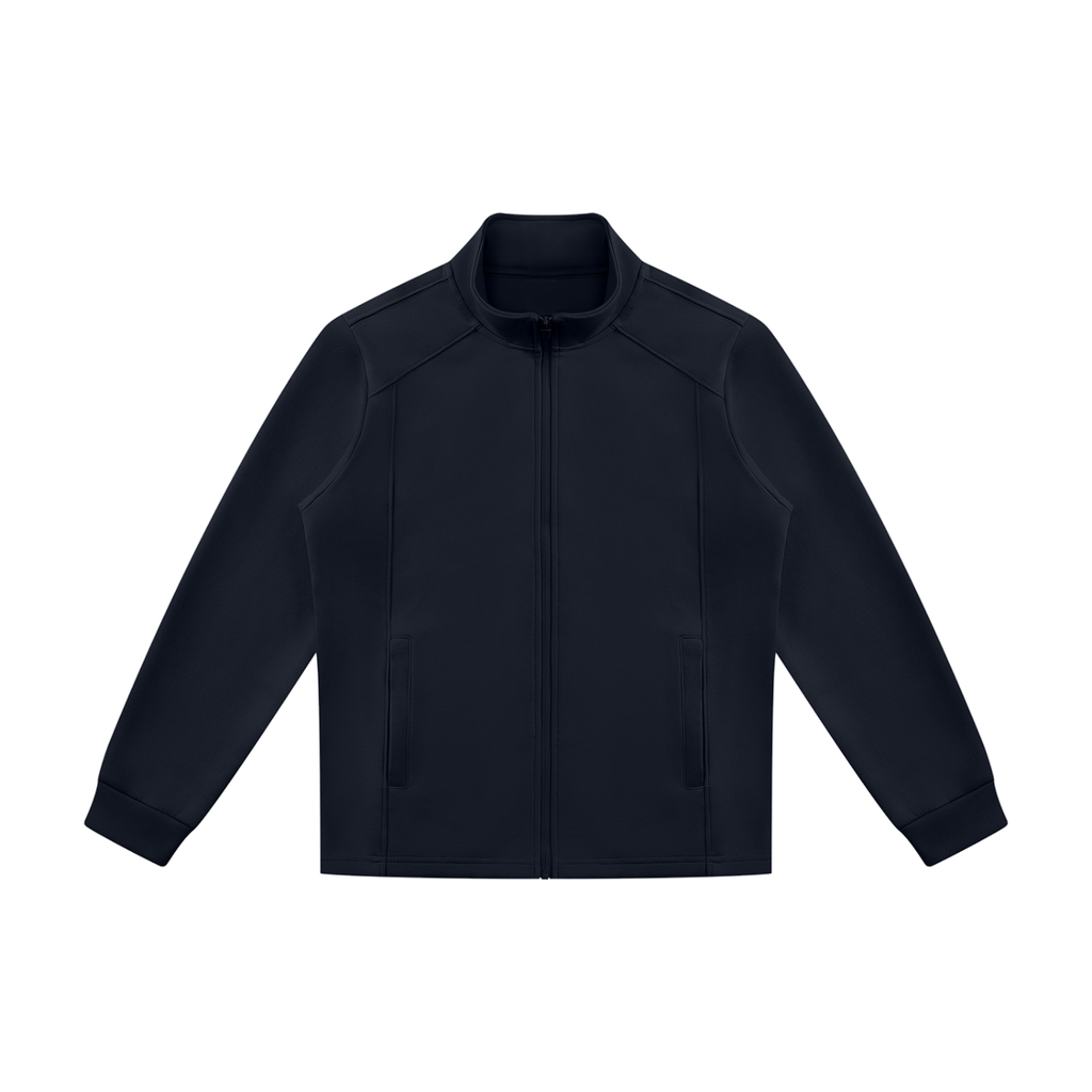MIROLYUB Tangent stand-collar track jacket in Navy Blue, front view.