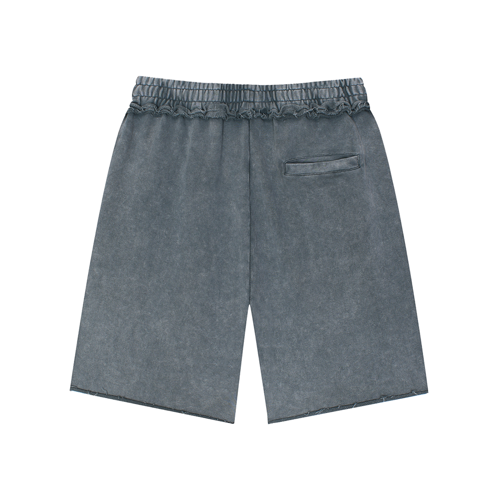 MIROLYUB Unisex Mineral Wash Raw Edge Shorts — Medium Gray, back view