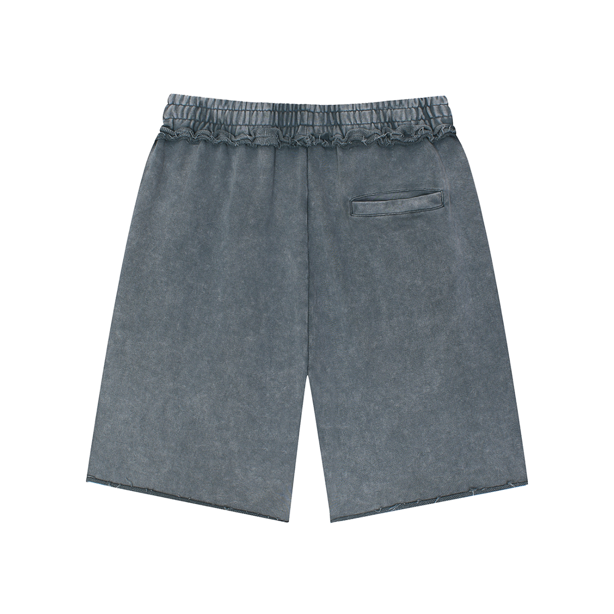 MIROLYUB Unisex Mineral Wash Raw Edge Shorts — Medium Gray, back view