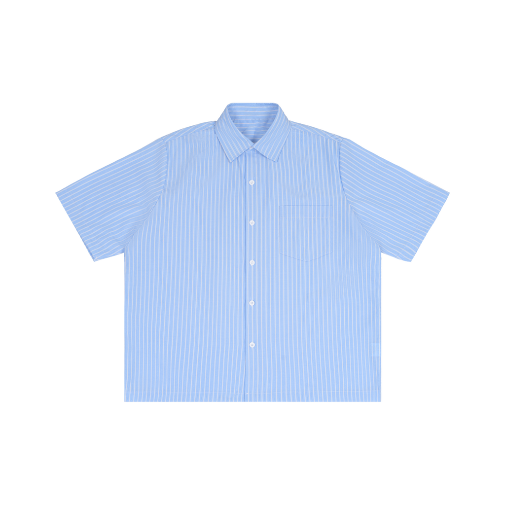 MIROLYUB Margin Striped Boxy Shirt in Blue, front view.