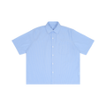 MIROLYUB Margin Striped Boxy Shirt in Blue, front view.