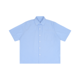 MIROLYUB Margin Striped Boxy Shirt in Blue, front view.