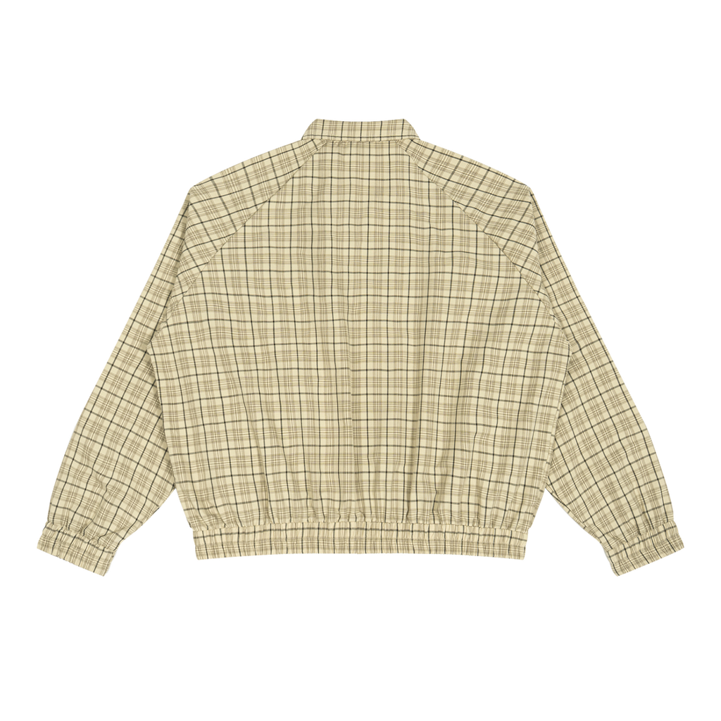 MIROLYUB Grid Plaid Zip Track Jacket in Apricot Plaid, back view.