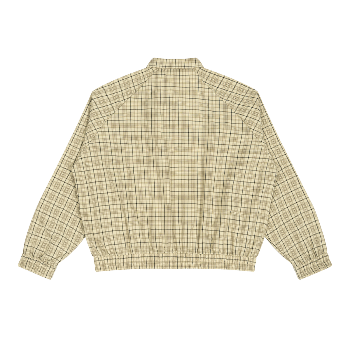 MIROLYUB Grid Plaid Zip Track Jacket in Apricot Plaid, back view.