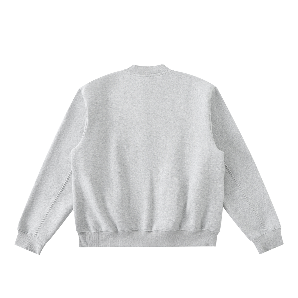 MIROLYUB Nocturne fleece zip varsity jacket in Flower Gray, back view.