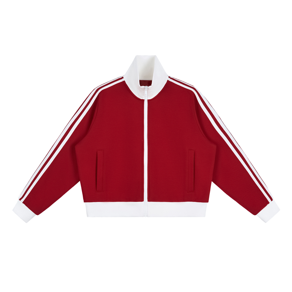 MIROLYUB Parallel cropped stripe track jacket in Red, front view.