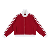 MIROLYUB Parallel cropped stripe track jacket in Red, front view.