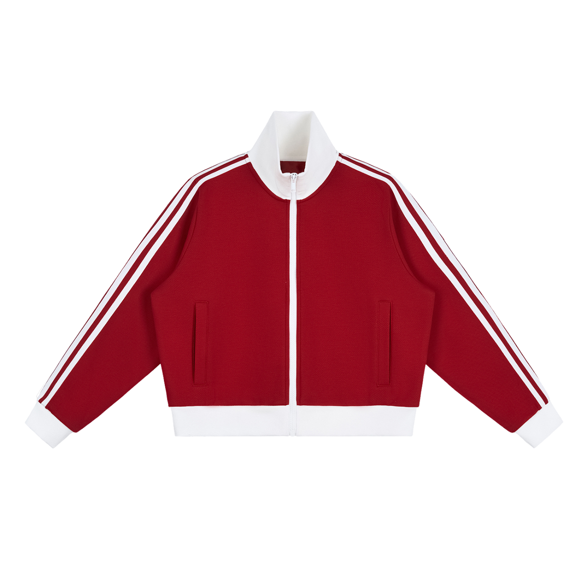 MIROLYUB Parallel cropped stripe track jacket in Red, front view.