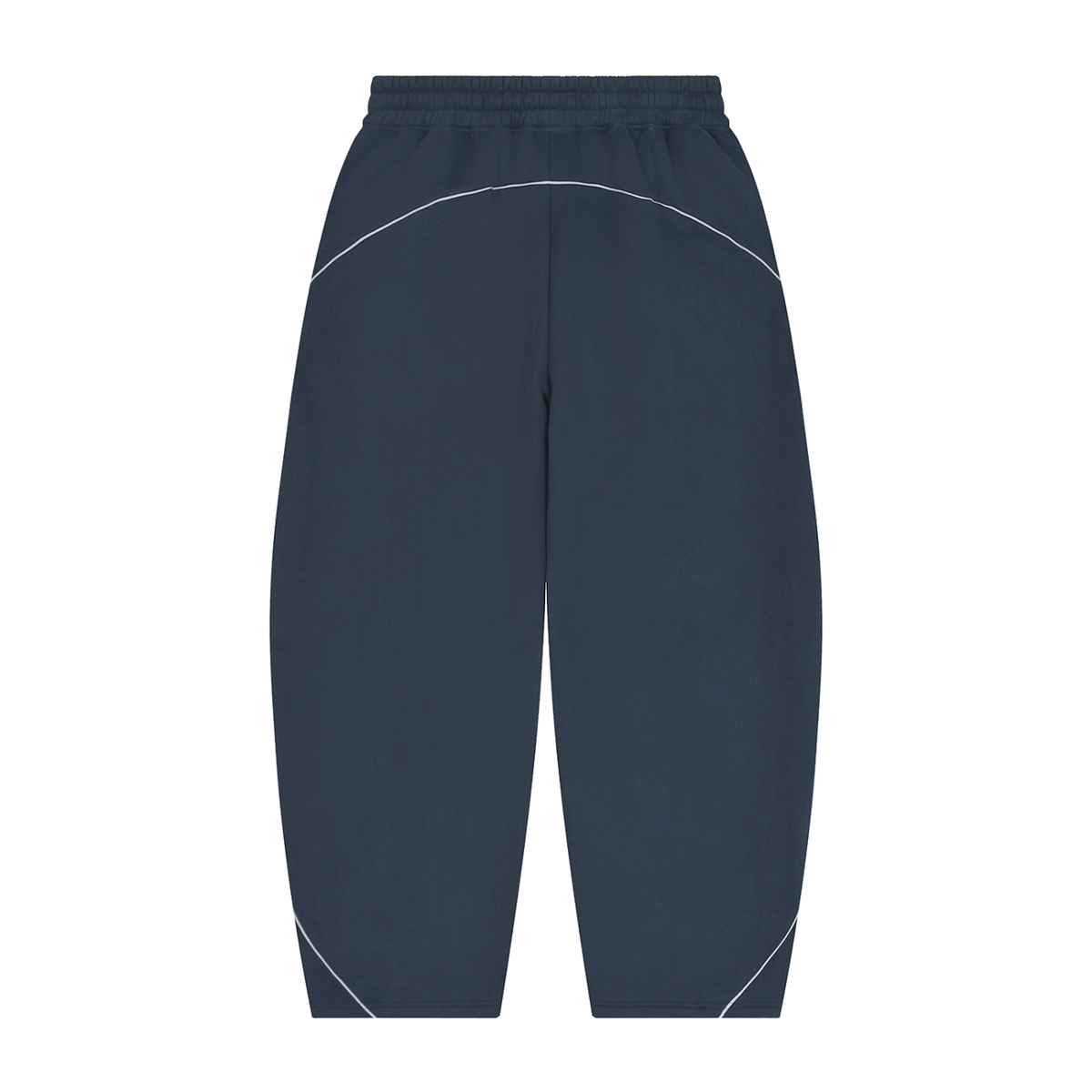 MIROLYUB Trace Piping Barrel Fleece Pants in Navy Blue, back view.