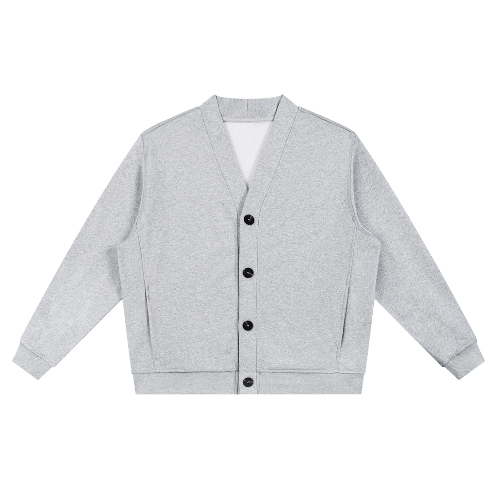 MIROLYUB Cloister heavyweight fleece cardigan in Flower Gray, front view.