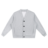 MIROLYUB Cloister heavyweight fleece cardigan in Flower Gray, front view.