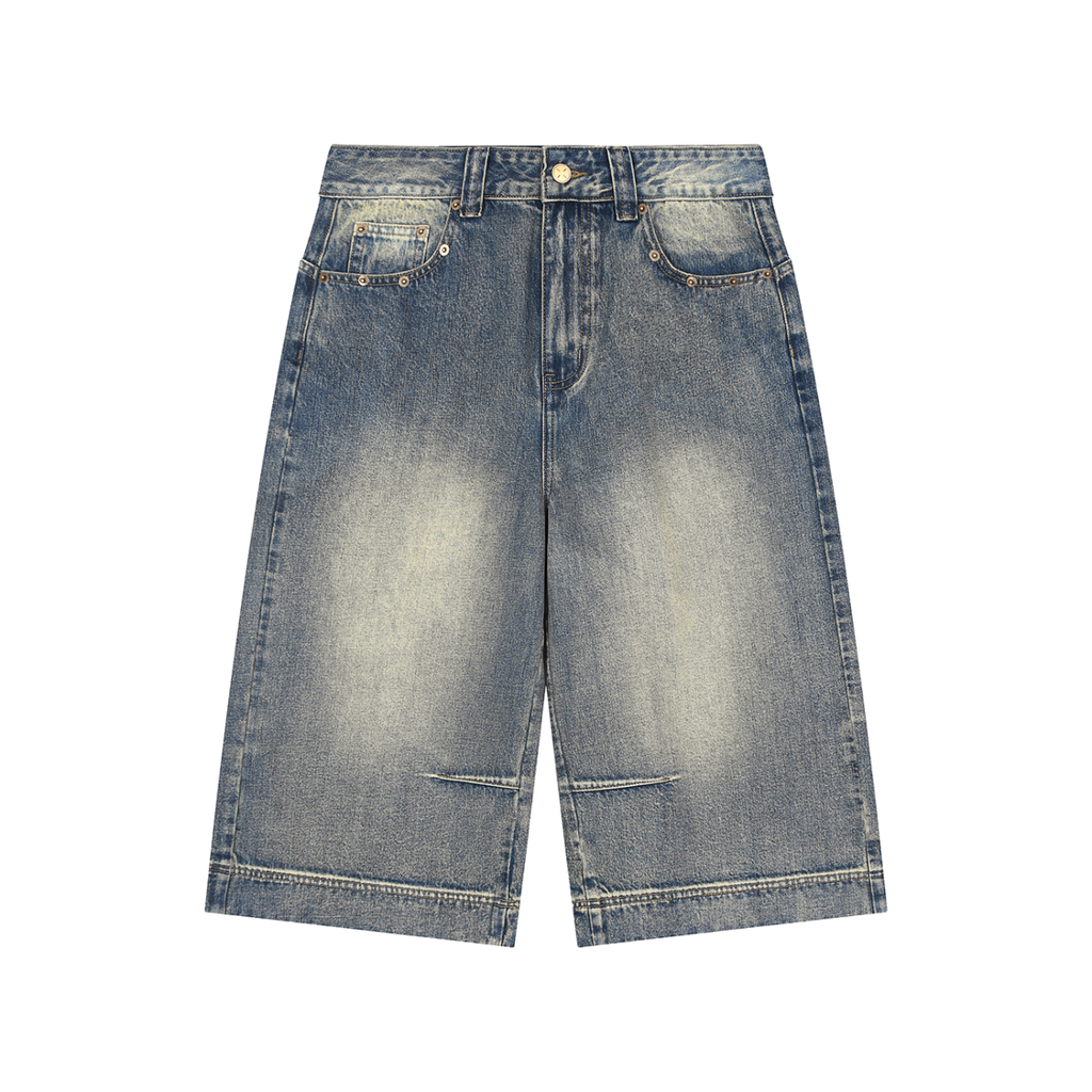 MIROLYUB Low Tide Baggy Denim Shorts in Blue, front view.