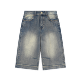 MIROLYUB Low Tide Baggy Denim Shorts in Blue, front view.