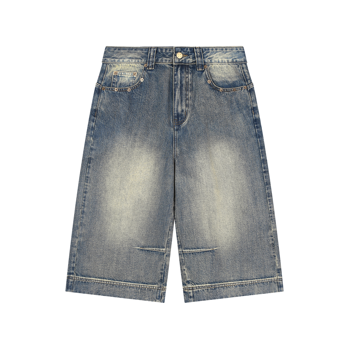 MIROLYUB Low Tide Baggy Denim Shorts in Blue, front view.