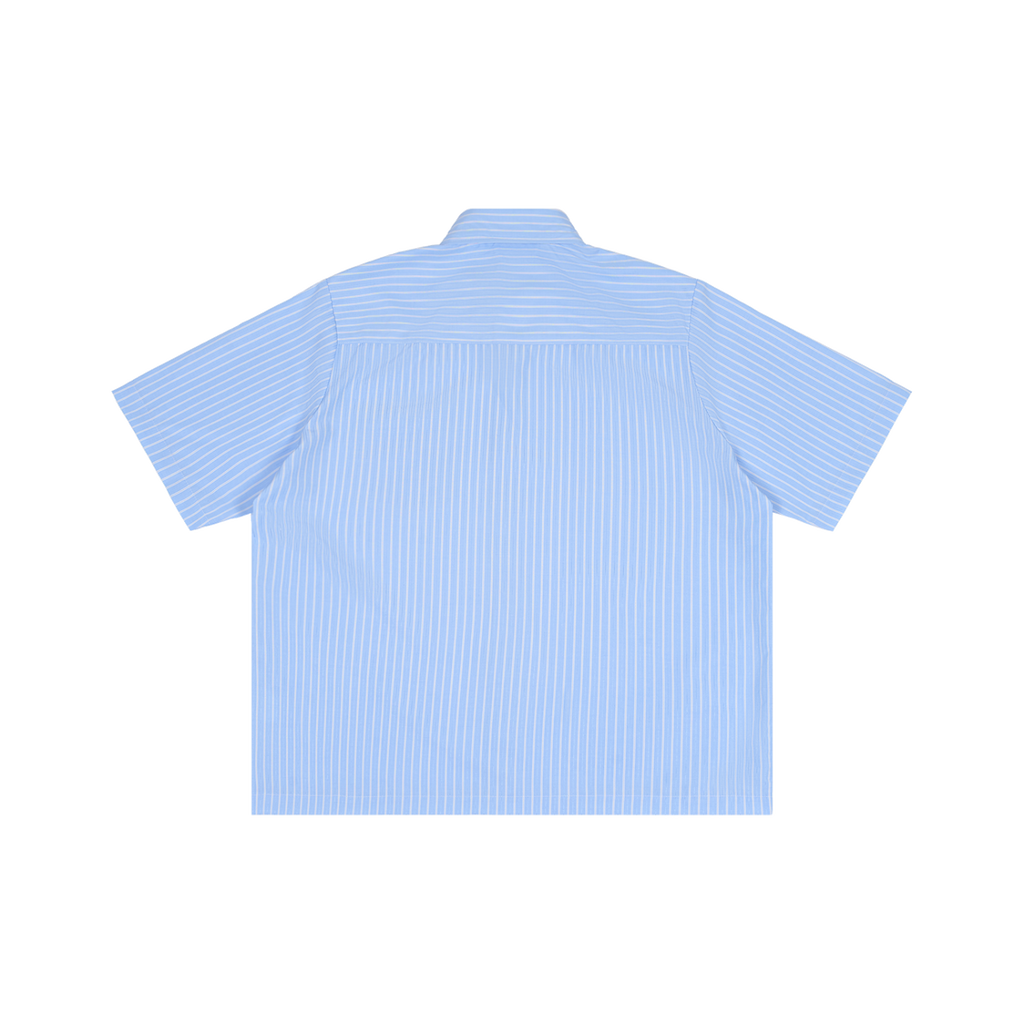 MIROLYUB Margin Striped Boxy Shirt in Blue, back view.