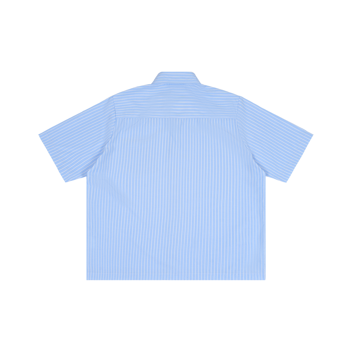 MIROLYUB Margin Striped Boxy Shirt in Blue, back view.