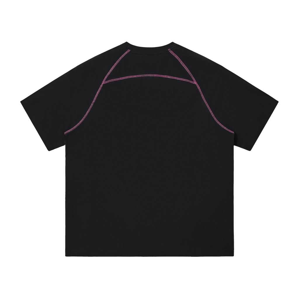 MIROLYUB Offbeat raglan tee in black, plain back view with purple contrast sleeve stitching