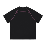 MIROLYUB Offbeat raglan tee in black, plain back view with purple contrast sleeve stitching