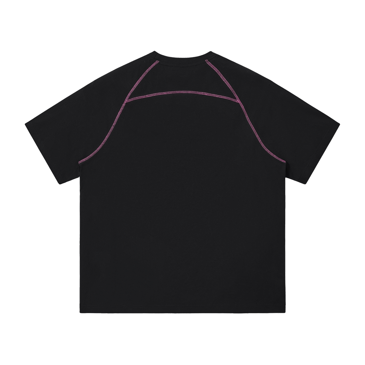 MIROLYUB Offbeat raglan tee in black, plain back view with purple contrast sleeve stitching