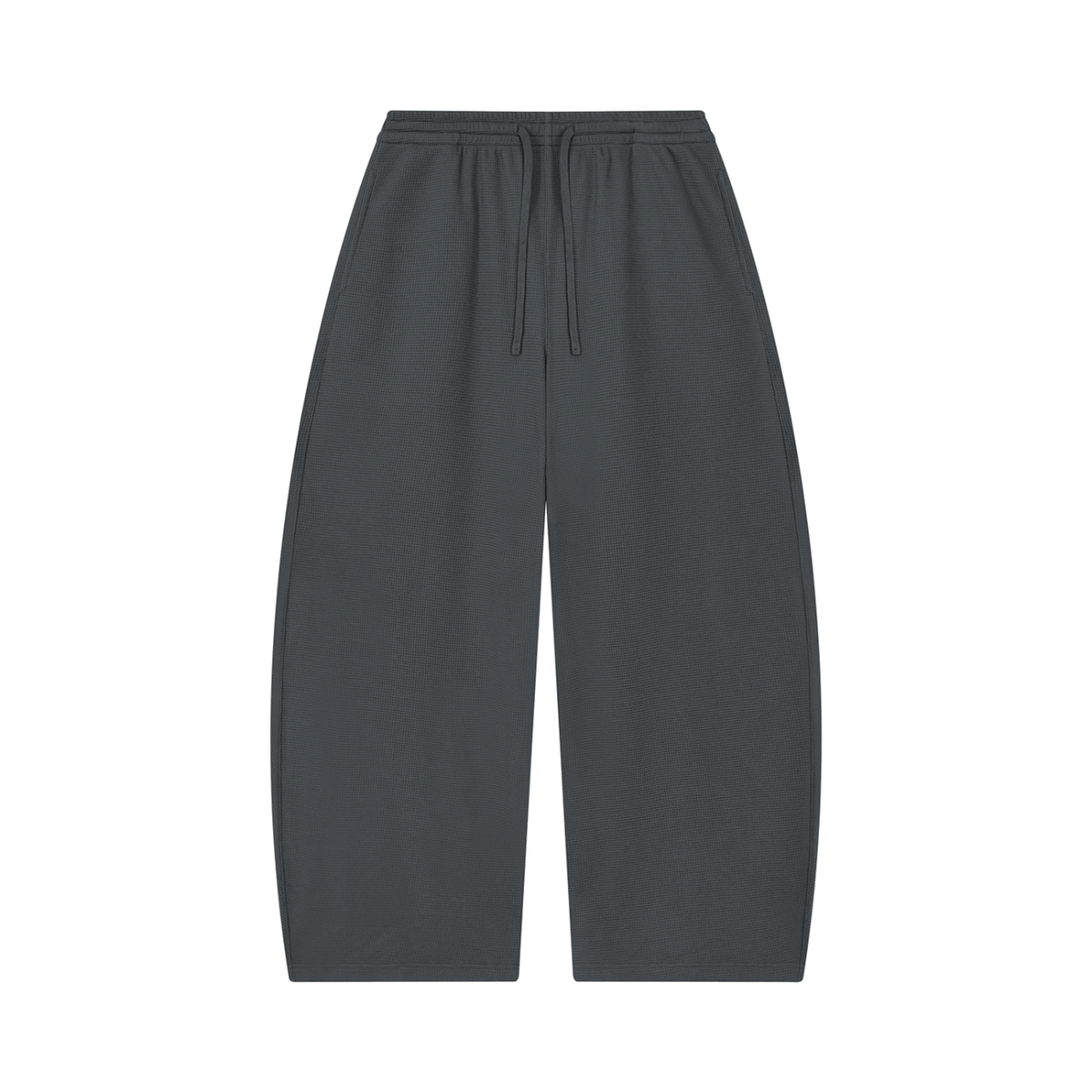 MIROLYUB Tessera waffle barrel pants in Dark Gray, front view.