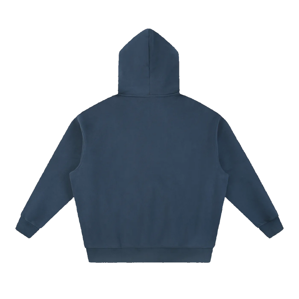 MIROLYUB Loft Boxy Fleece Hoodie in Navy, back view.
