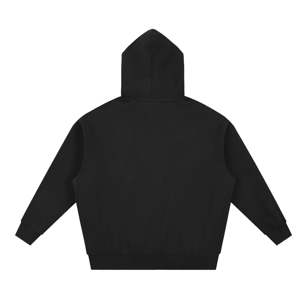 MIROLYUB Loft Boxy Fleece Hoodie in Black, back view.