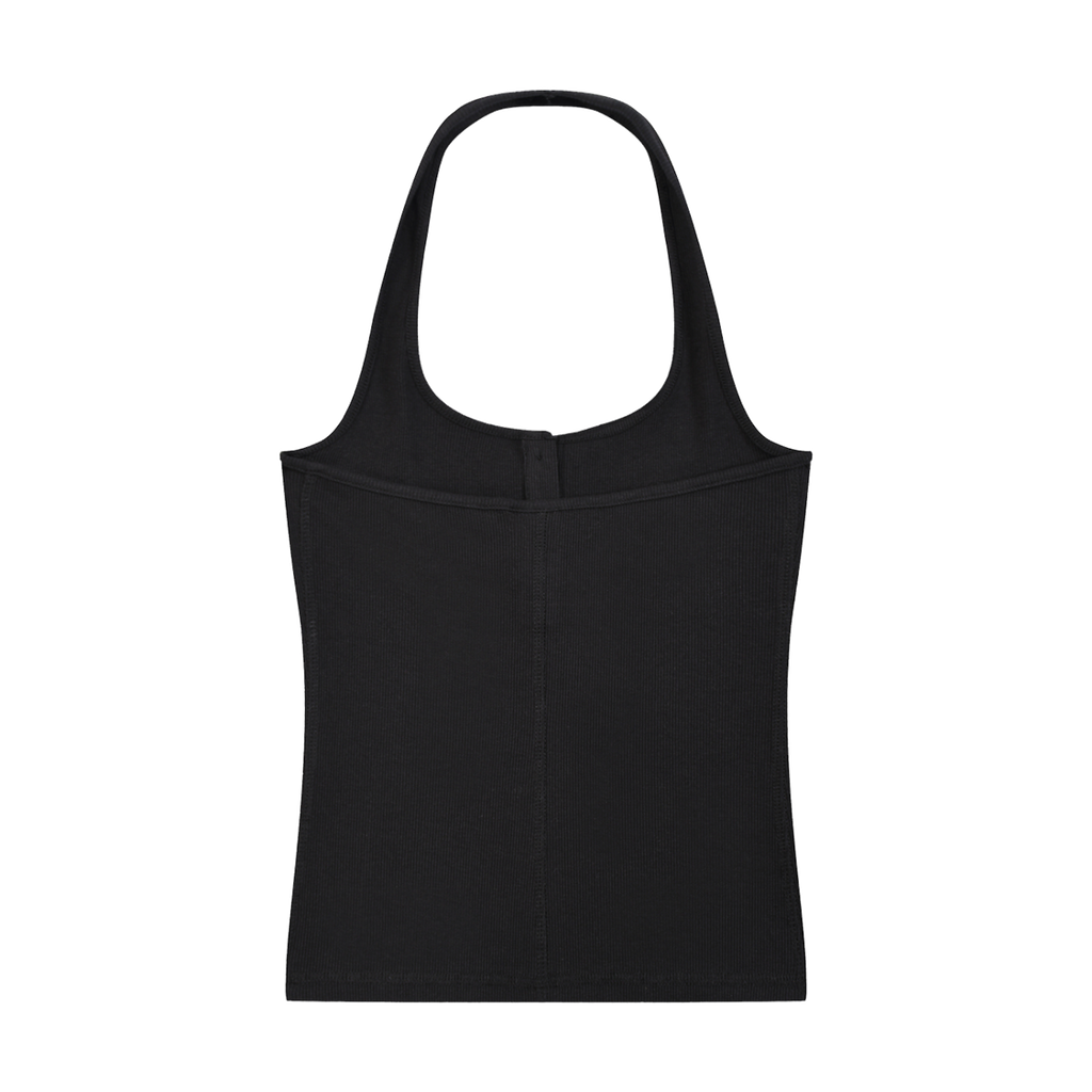MIROLYUB Notch ribbed Henley tank in Black, back view