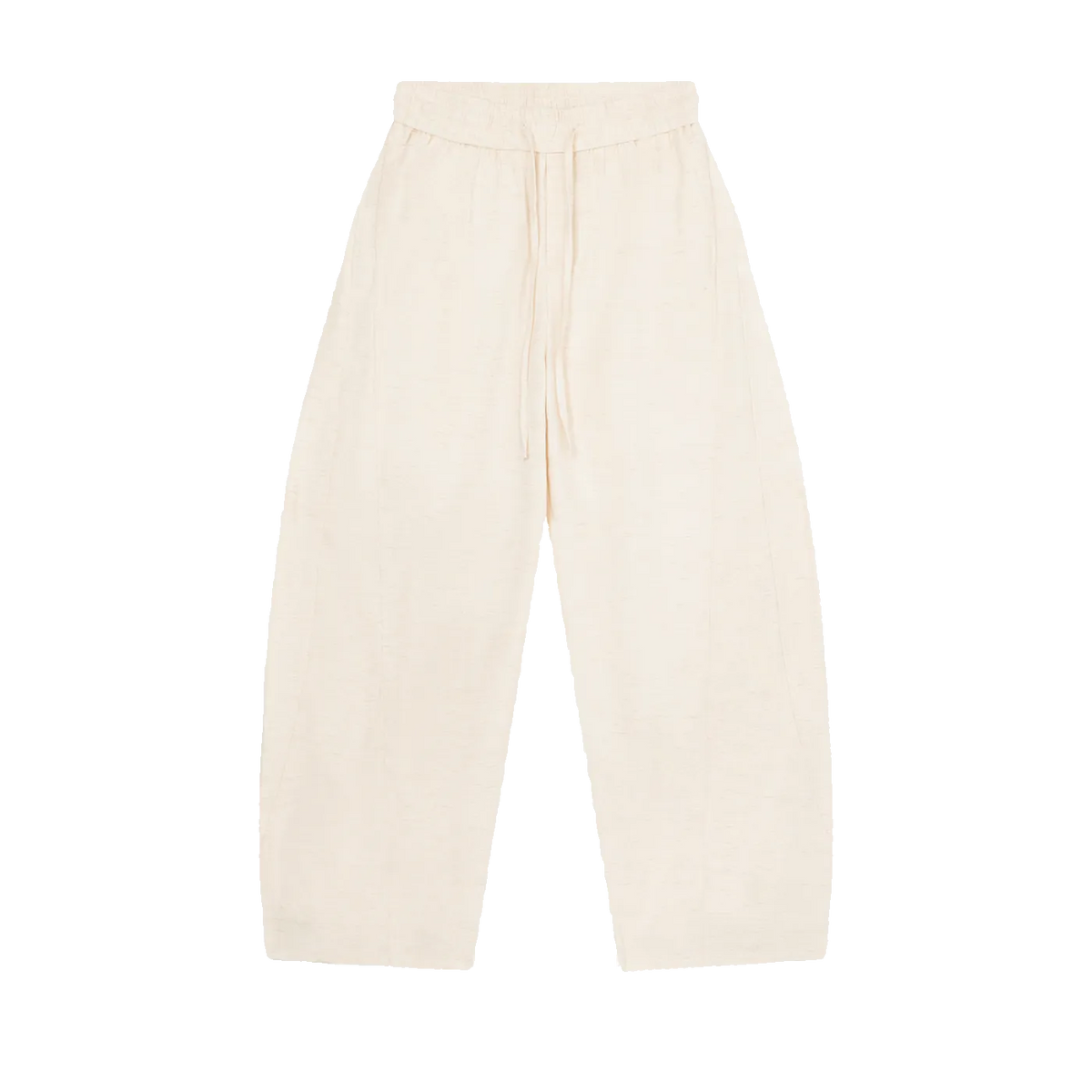 MIROLYUB Drift pants in Mild Apricot, front view with wide legs, tonal panels and a drawstring waist