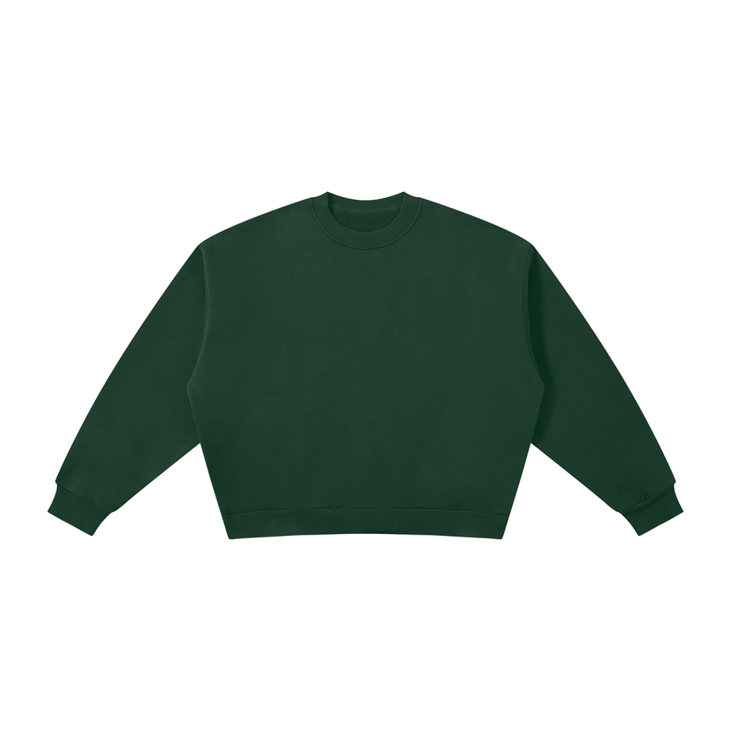 MIROLYUB Meridian boxy fleece crewneck in Dark Green, front view.